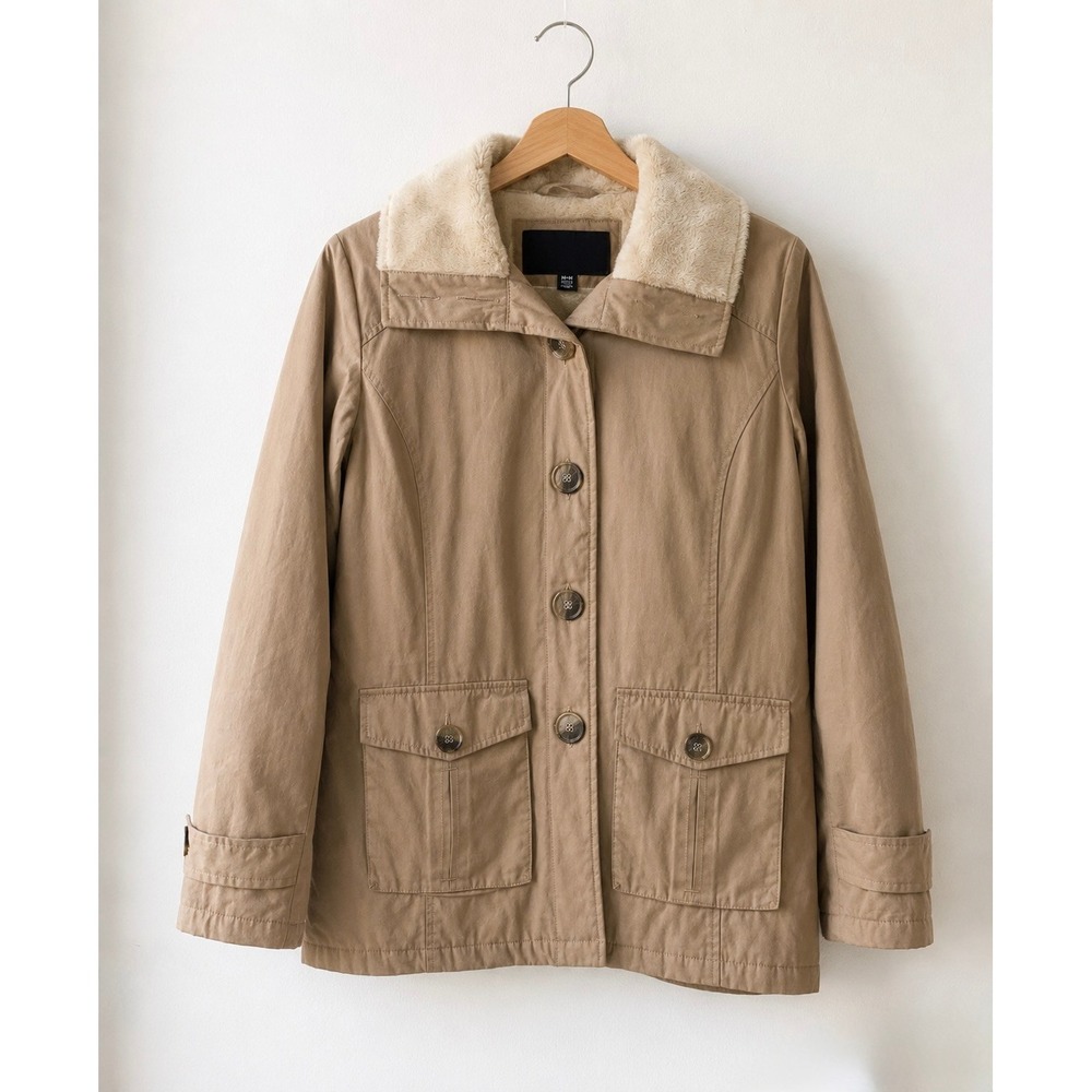 Weatherproof Tan Utility Jacket with Cream Faux Fur Collar